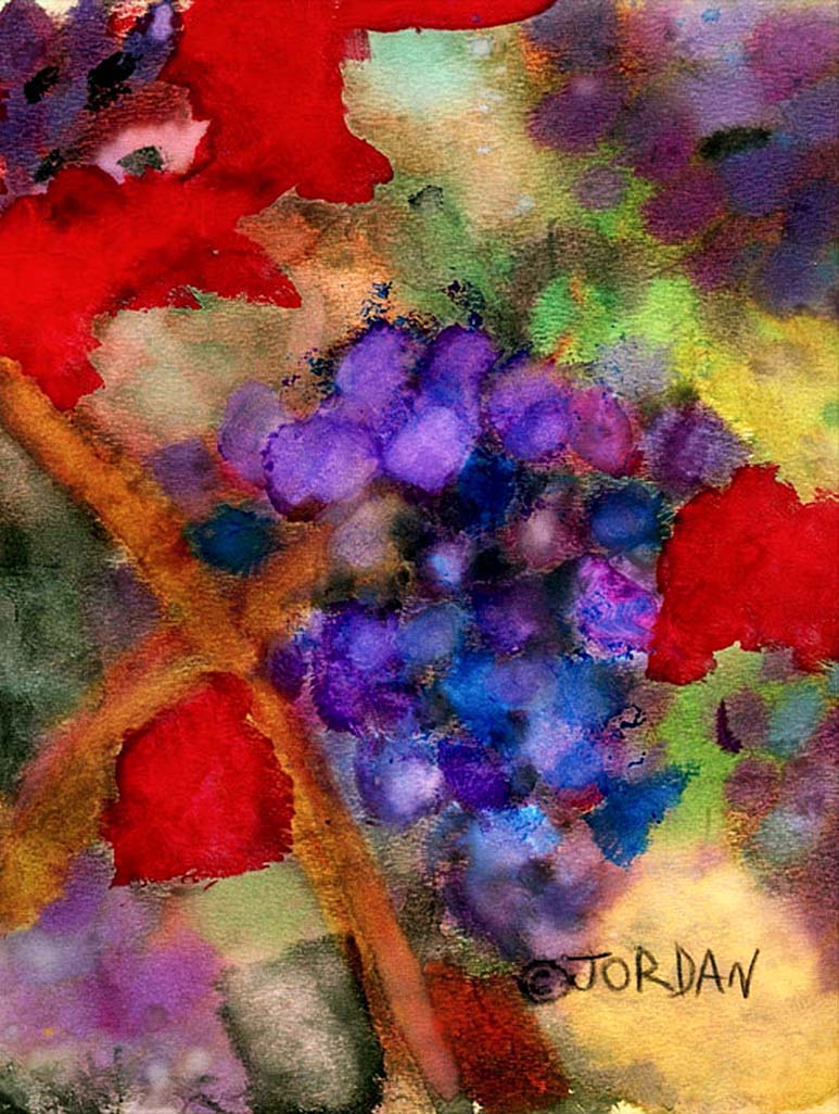 Watercolor painting by 5-year-old Jordan A. Cook of grapes and vines