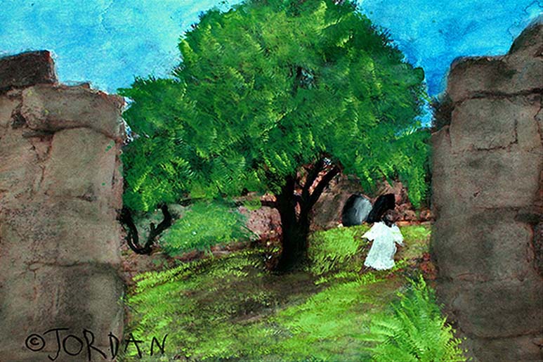 Painting by 5-year-old Jordan A Cook of Jesus in a garden coming out of the grave.