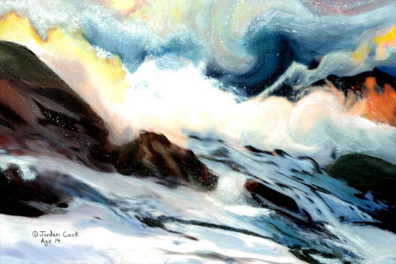 Painting of Mount Sinai by 14-year-old Jordan A Cook, showing a convergence of crashing waves, snow, fire, ice, clouds, rocks, and lightning.