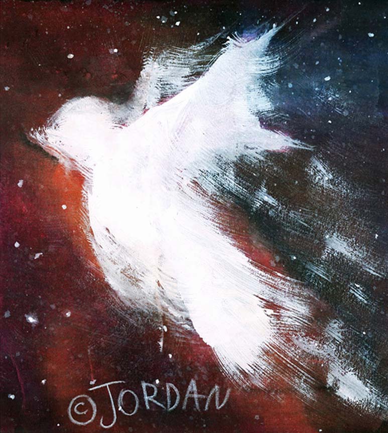 Painting by 4-year-old Jordan A Cook of the Holy Spirit in the form of a dove, rushing to answer prayer.