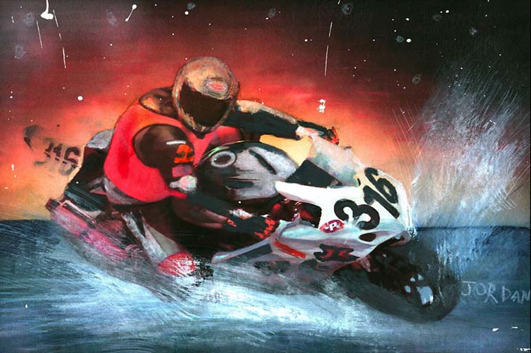 6-year-old Jordan A Cook&#039;s painting of Geoff, The Rev, riding on water.