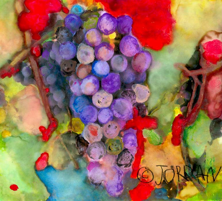 Watercolor painting by 4-year-old Jordan A. Cook of grapes with faces, grapevines as crosses, water, and vibrant colors.