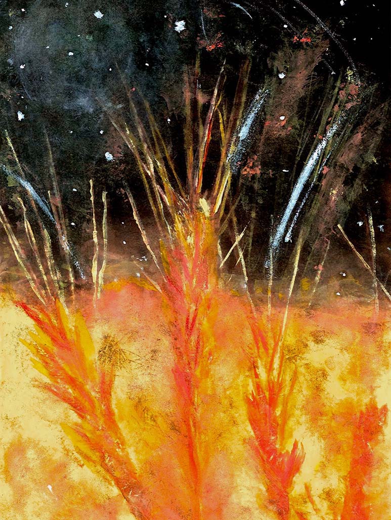 Painting by 6-year-old Jordan A Cook of wheat on fire under a dark sky full of falling stars.