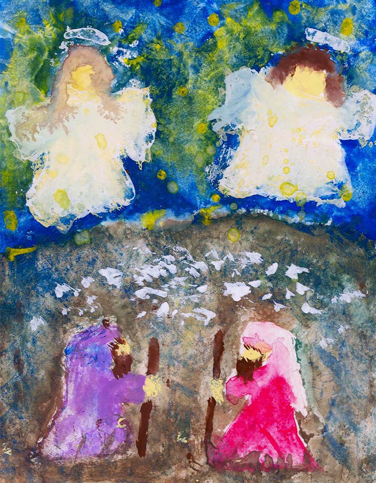 Watercolor painting by 3-year-old Jordan A. Cook of angels appearing to shepherds in the fields.