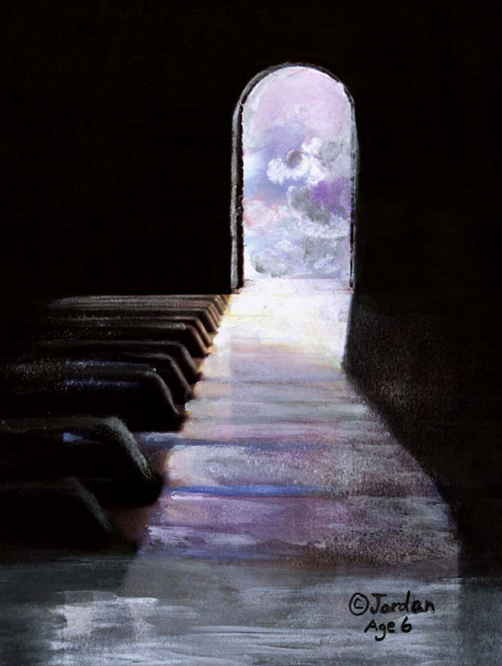 Painting for Kim Clement by 6-year-old Jordan A Cook of a piano with an extra Ninth Note shining in the light of an open doorway to the heavens.