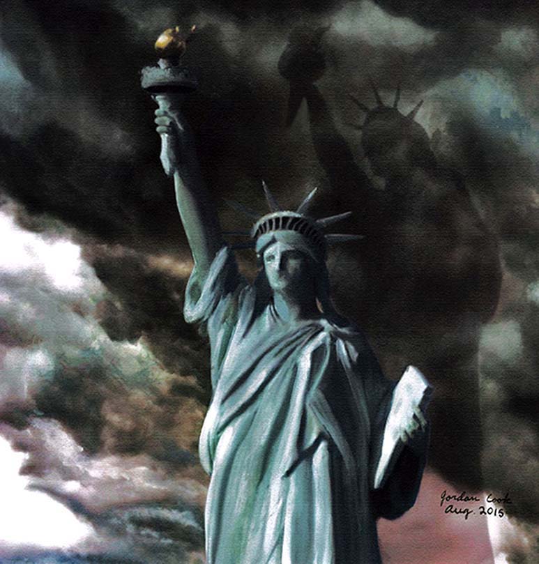 The first painting of Jordan A Cook&#039;s New York Trilogy, showing the Statue of Liberty in a flash of lightning during a storm, illuminating her shadow behind, poised to attack.