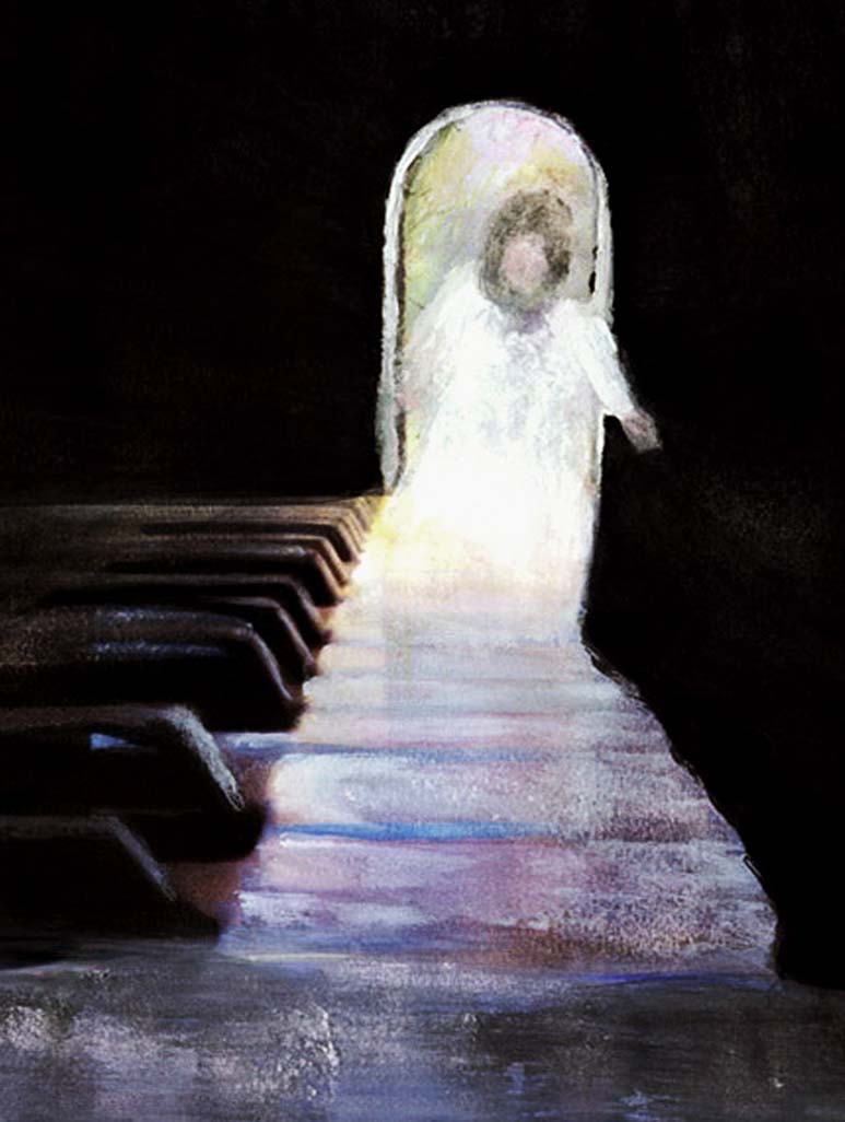 Painting for Kim Clement by 6-year-old Jordan A Cook of Jesus walking on the keys of a piano with an extra Ninth Note, living in the sound of the music.