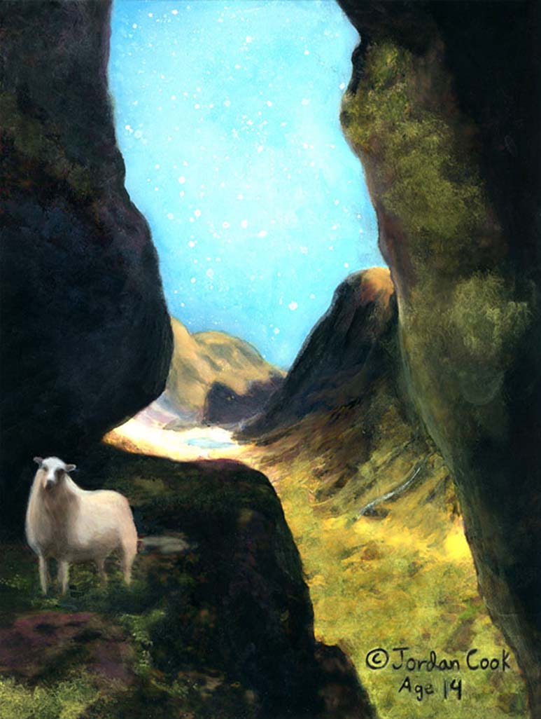 Painting by 14-year-old Jordan A Cook of a lost sheep standing on a dangerously steep cliff.