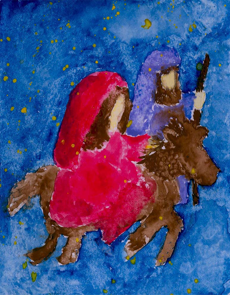 Watercolor painting by 3-year-old Jordan A. Cook of Mary and Joseph on a donkey.