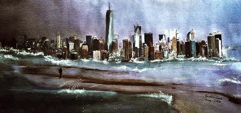 The second painting in Jordan A Cook&#039;s New York Trilogy, showing tsunami waves flooding New York City as a lone figure looks on.
