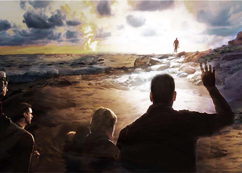 Painting by 16-year-old Jordan A Cook of people in New York standing on a beach after a cataclysm.