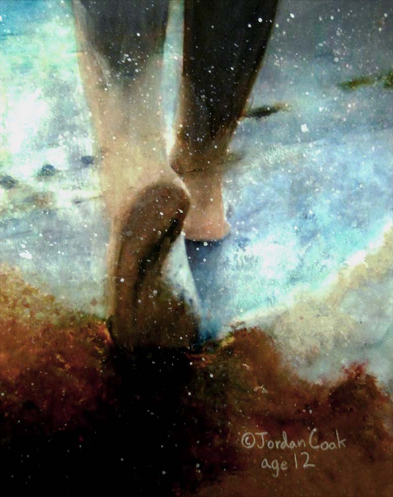 Watercolor painting by 12-year-old Jordan A. Cook of feet walking simultaneously on the earth and in the universe; sand on the beach combines with nebula; droplets of splashing water are stars.