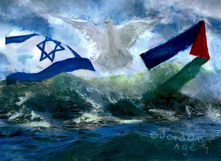 Painting by 7-year-old Jordan A Cook of a dove hovering over a stormy sea, wings outstretched, between Israeli and Palestinian flags.