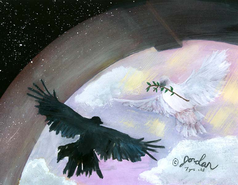 Painting by 7-year-old Jordan A Cook of a raven and dove with an olive branch in its mouth, flapping towards each other beneath an archway.