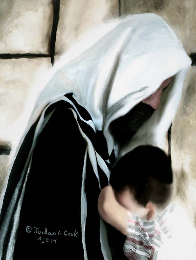 Painting of a young Jewish boy standing in front of the Western Wall, hiding his face in a Rabbi&#039;s robe.