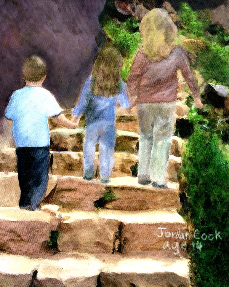 Watercolor painting by Jordan A. Cook of children climbing mountain stairs.