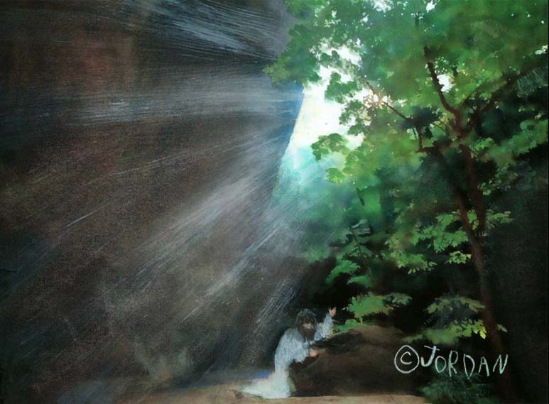 Watercolor painting by 5-year-old Jordan A. Cook of Jesus praying in a garden with sunrays.