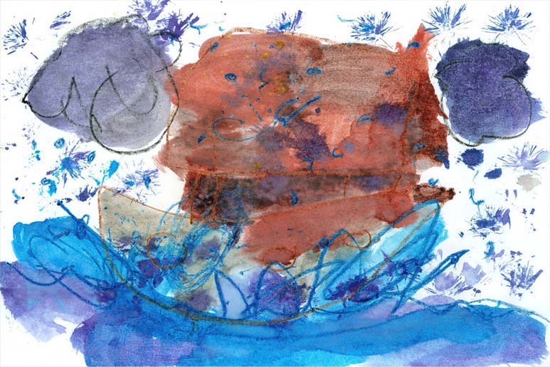 Watercolor painting by 3-year-old Jordan A. Cook of Noah&#039;s Ark in a storm.