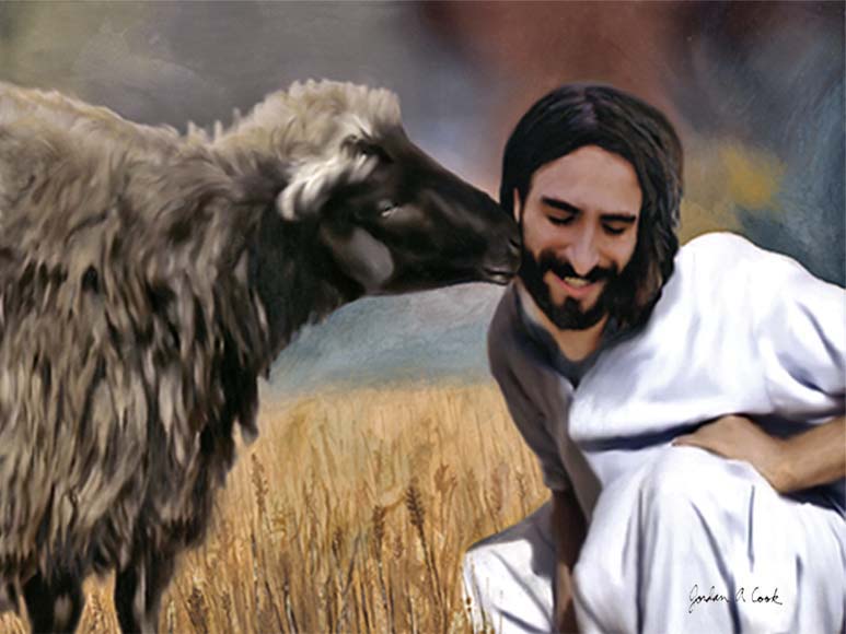 Watercolor painting by Jordan A. Cook of a sheep nuzzling the Shepherd&#039;s cheek.