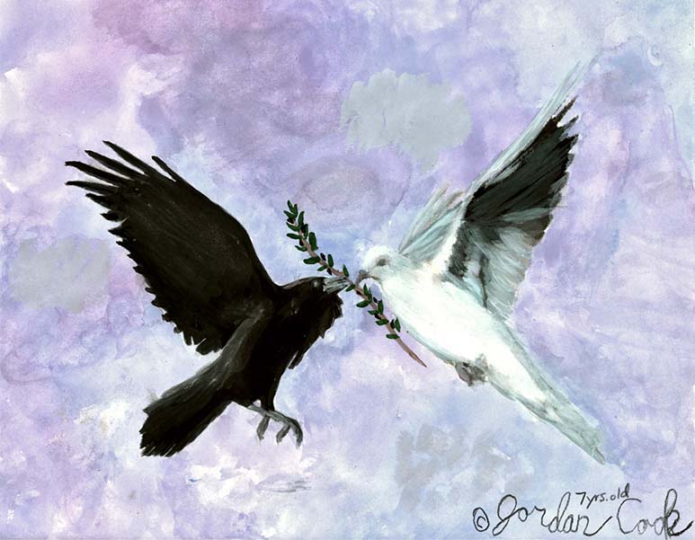 Painting by 7-year-old Jordan A Cook of a raven and dove sharing the same olive branch in their mouths.