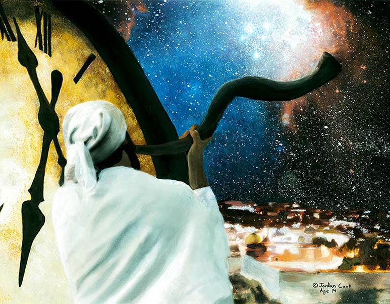 14-year-old Jordan A Cook&#039;s painting of a Watchman sounding the shofar over the Temple Mount in Jerusalem.  The Temple Mount walls are on fire, doves fly from billowing smoke, and stars fall from open heavens in front of a clock showing a few minutes to midnight.