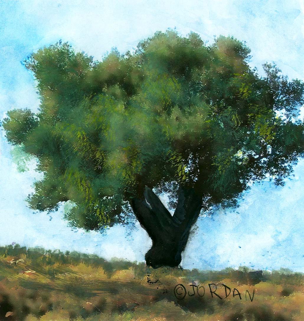 Painting by 5-year-old Jordan A Cook of an olive tree in a field, branched into a Y.